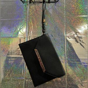 Stella & Dot Black Envelope Clutch Rose Gold Bar Detail Evening Bag